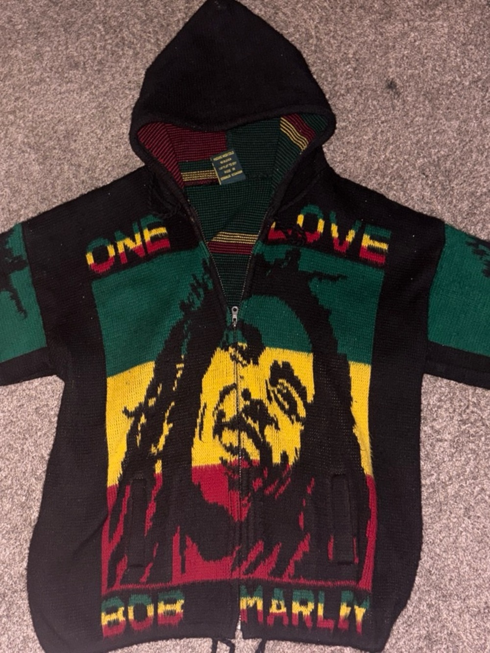 Black Hooded Zip-Up Sweater with Green, Yellow & Red Bob Marley Graphic